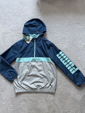Puma Navy, Light Gray & Mint Kids Half-Zip Windbreaker Hoodie